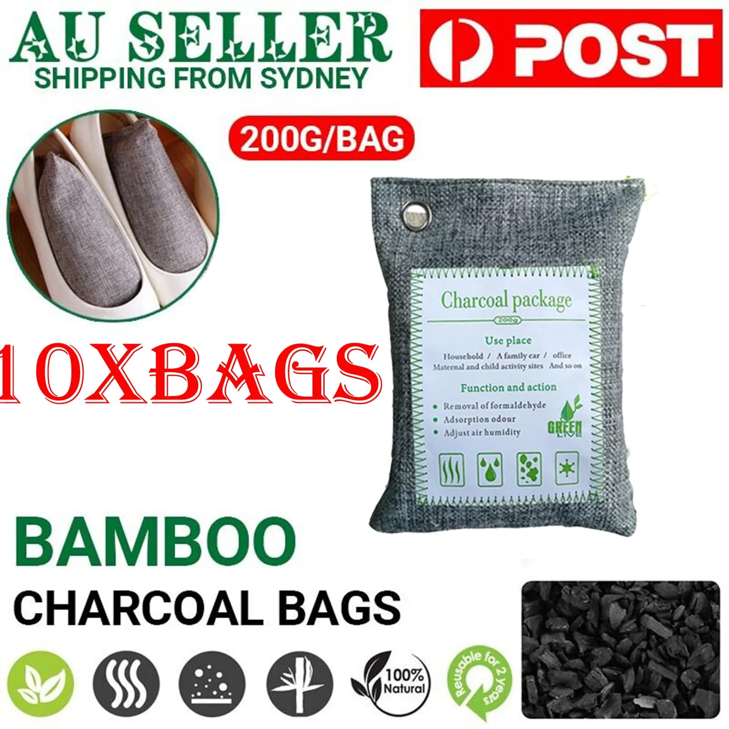 10PCS Air Purifying Bags | Activated Bamboo Charcoal Freshener | For Car Home Shoes | 200g