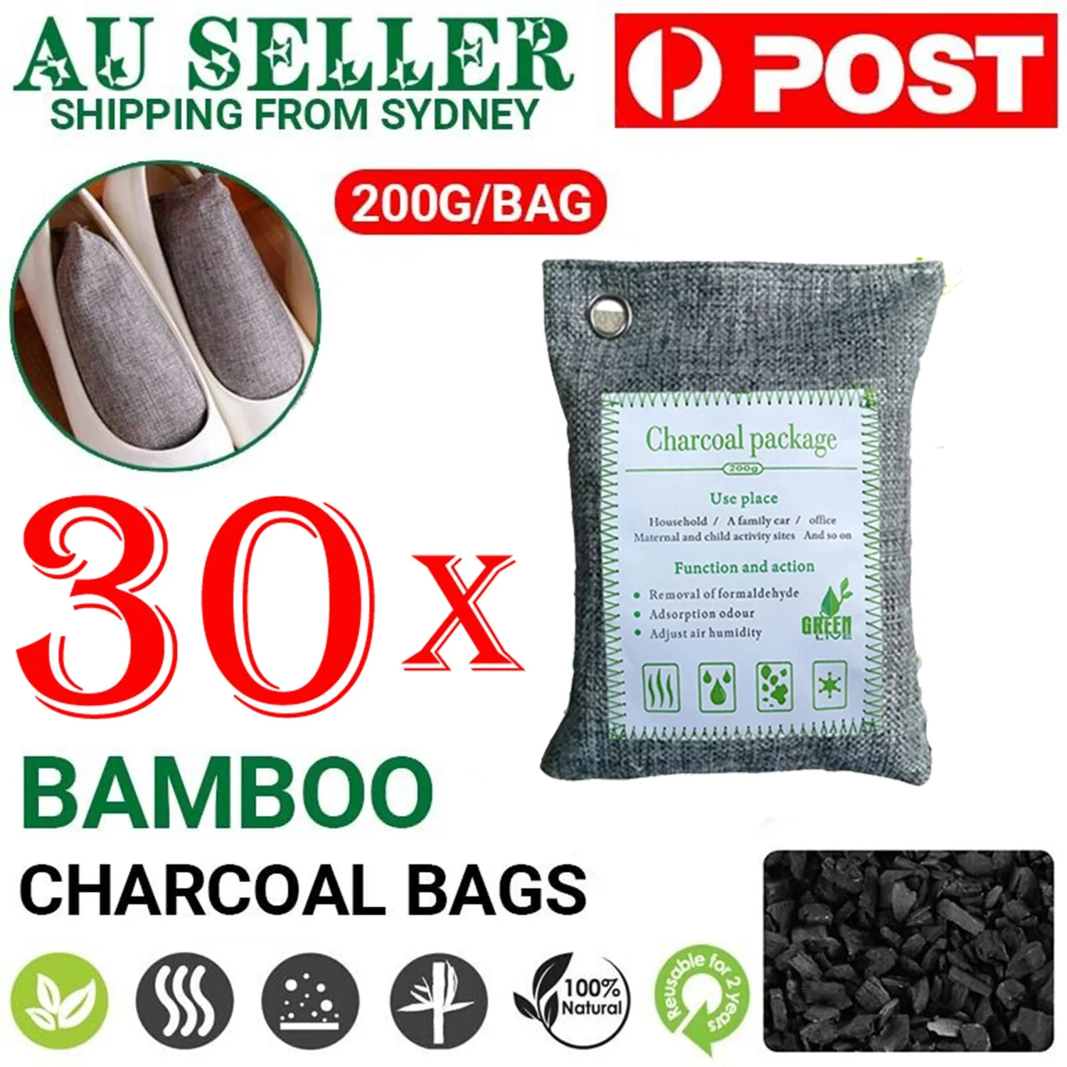 30PCS Air Purifying Bags | Activated Bamboo Charcoal Freshener | For Car Home Shoes | 200g