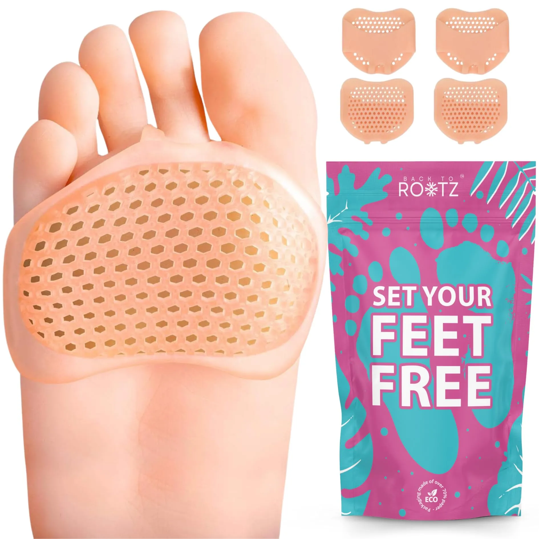 4x metatarsal pads for men and women. Soft silicone gel foot pads, pain relief for high heels and work shoes