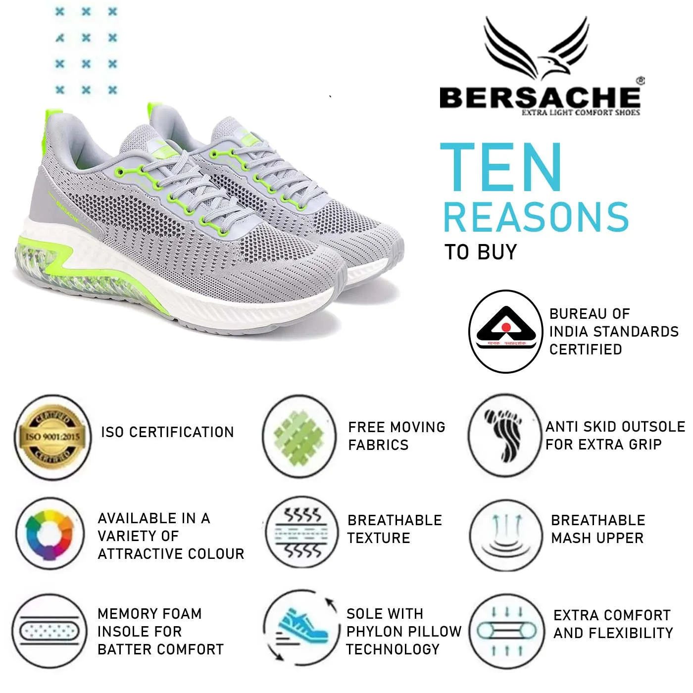 Bersache Lightweight Casual Sneaker Shoes For Men Grey-9043