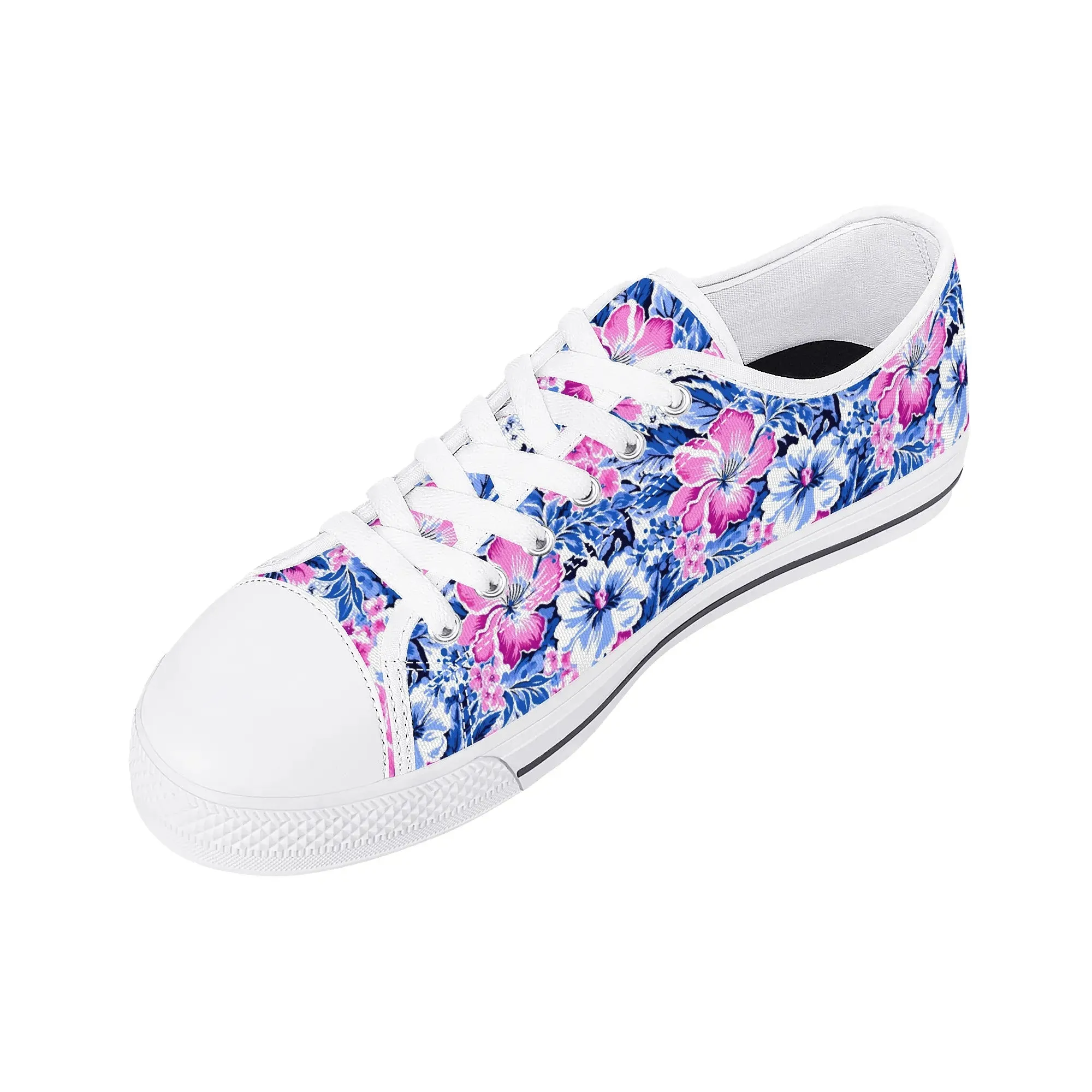 Bright Blooms: Pink and Blue Watercolor Hibiscus in Vivid Splendor Womens Low Top Canvas Sneakers US5.5 - US12
