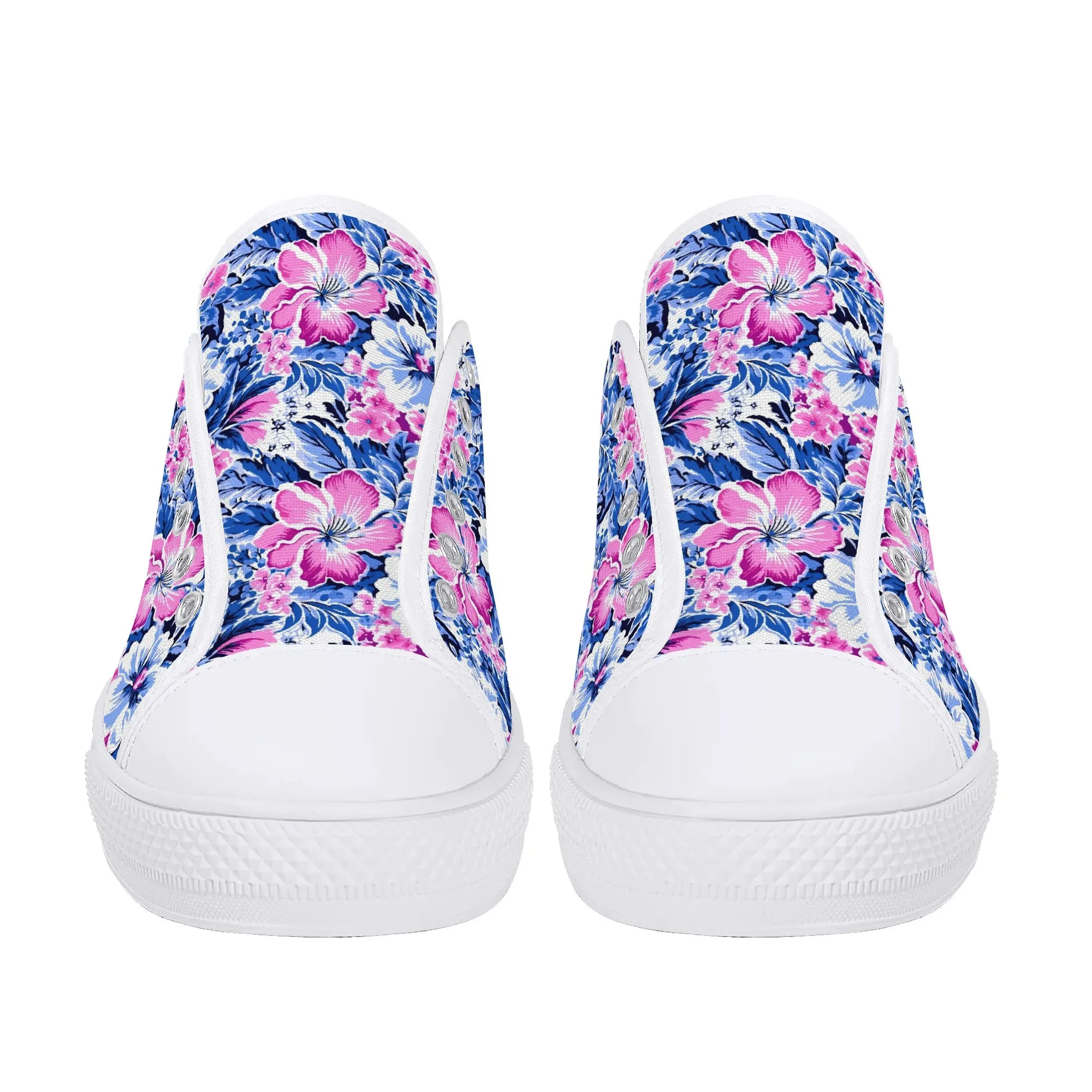 Bright Blooms: Pink and Blue Watercolor Hibiscus in Vivid Splendor Womens Low Top Canvas Sneakers US5.5 - US12