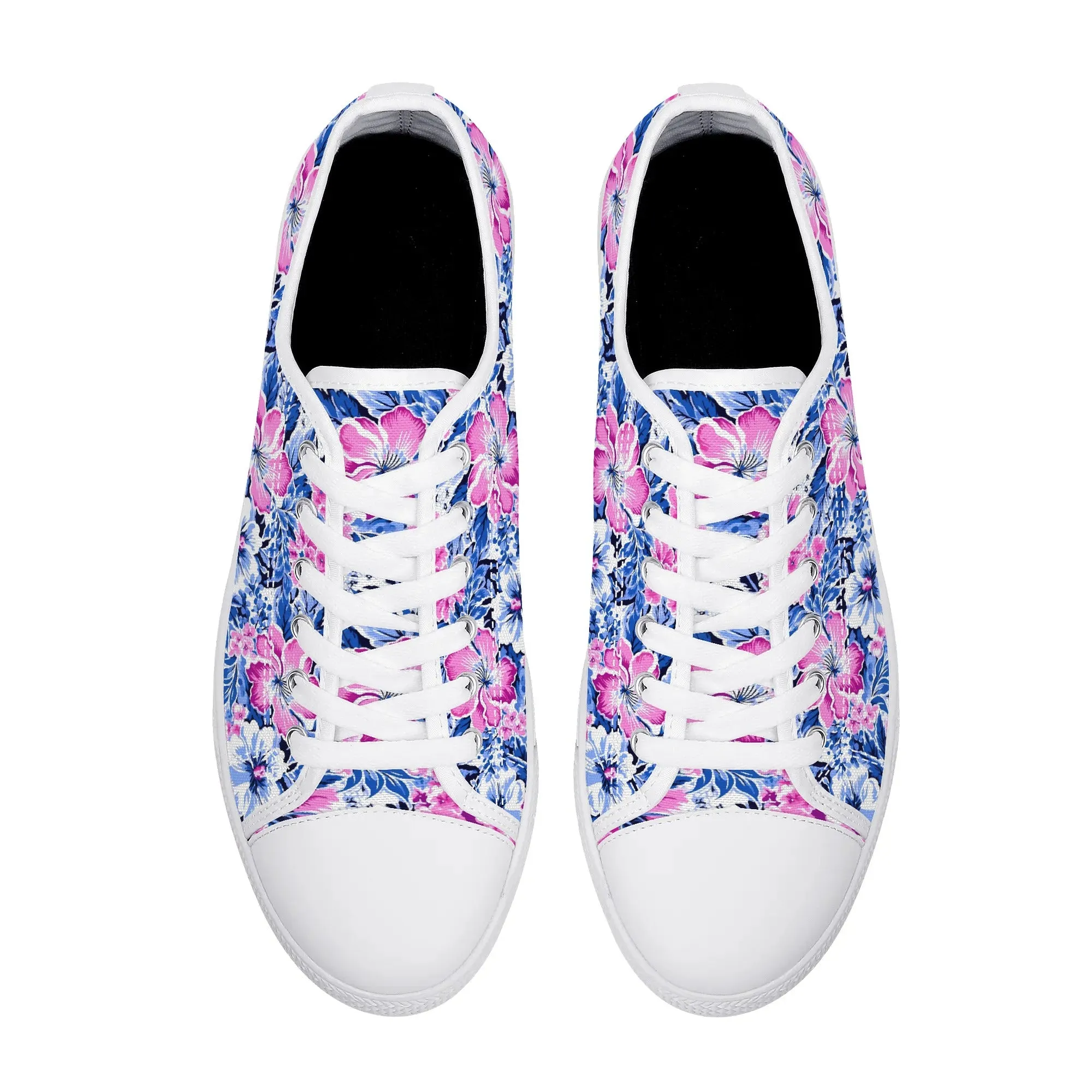 Bright Blooms: Pink and Blue Watercolor Hibiscus in Vivid Splendor Womens Low Top Canvas Sneakers US5.5 - US12