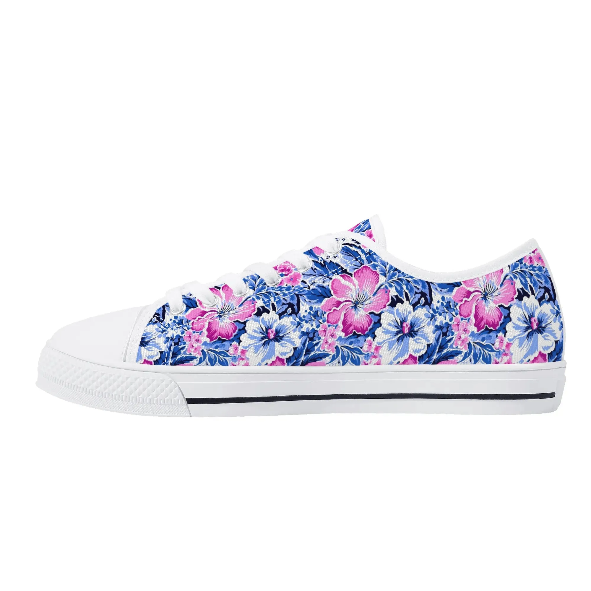 Bright Blooms: Pink and Blue Watercolor Hibiscus in Vivid Splendor Womens Low Top Canvas Sneakers US5.5 - US12