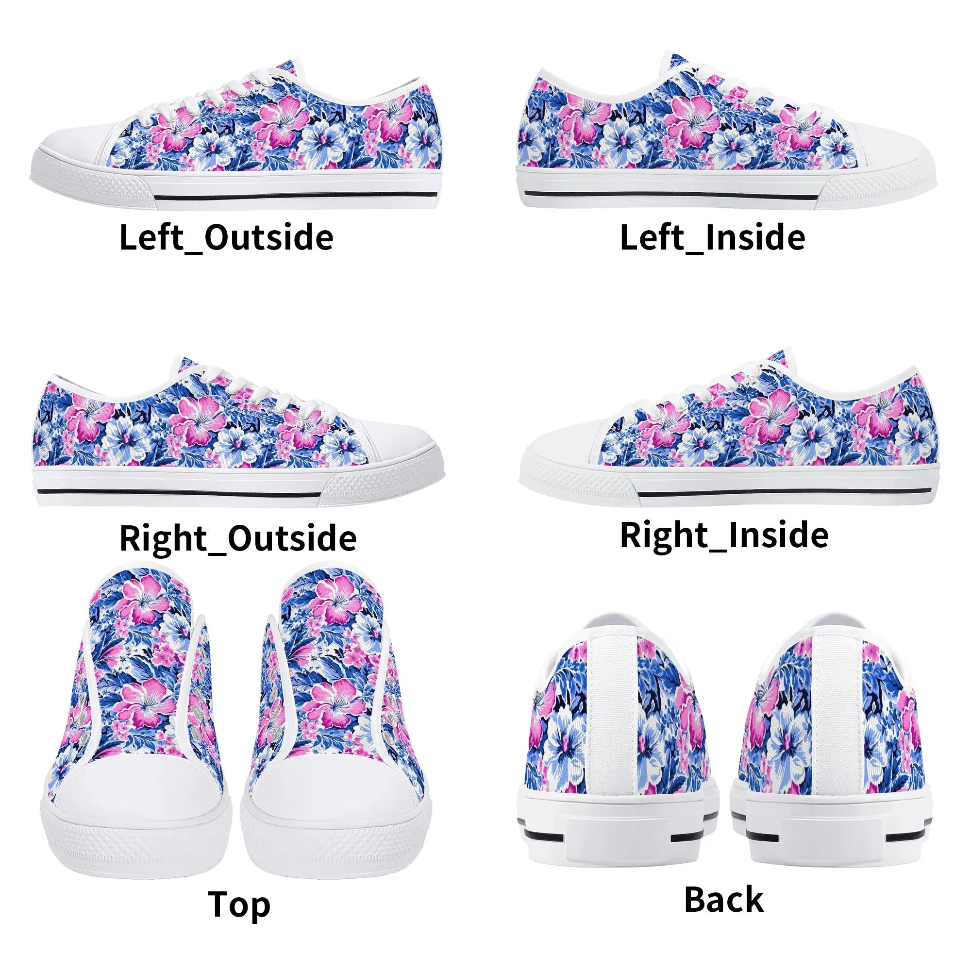 Bright Blooms: Pink and Blue Watercolor Hibiscus in Vivid Splendor Womens Low Top Canvas Sneakers US5.5 - US12