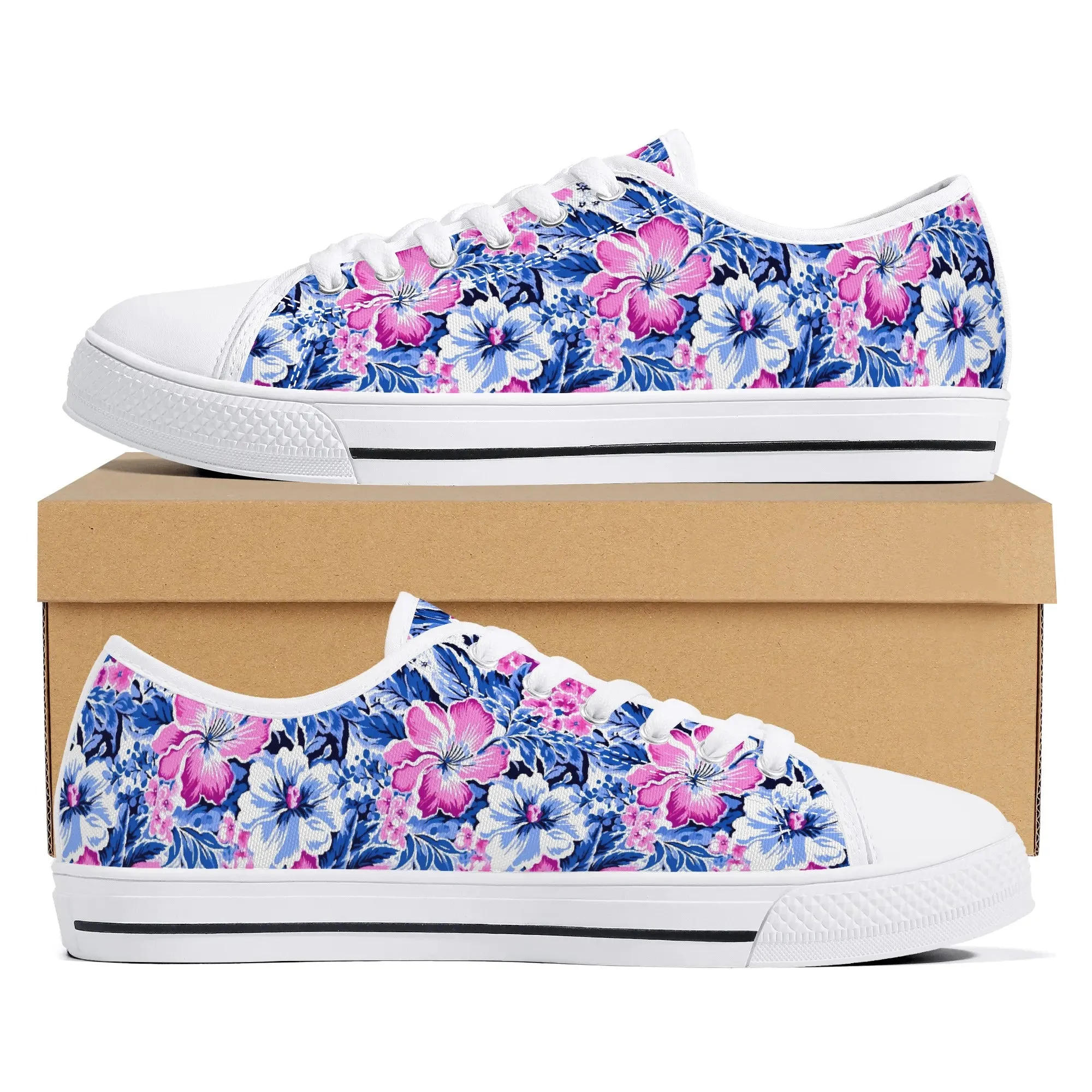 Bright Blooms: Pink and Blue Watercolor Hibiscus in Vivid Splendor Womens Low Top Canvas Sneakers US5.5 - US12