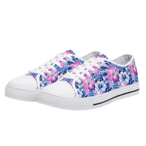 Bright Blooms: Pink and Blue Watercolor Hibiscus in Vivid Splendor Womens Low Top Canvas Sneakers US5.5 - US12