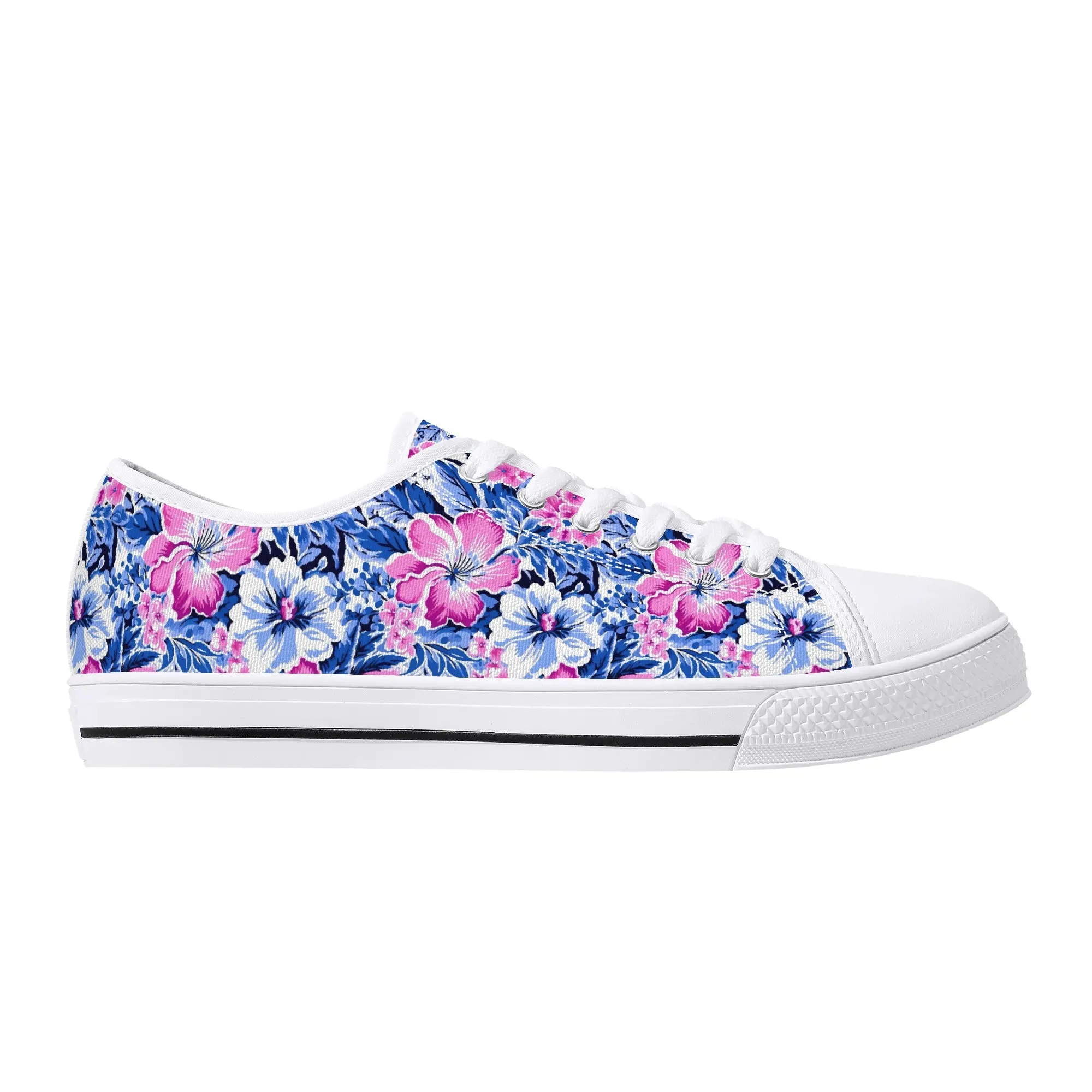 Bright Blooms: Pink and Blue Watercolor Hibiscus in Vivid Splendor Womens Low Top Canvas Sneakers US5.5 - US12