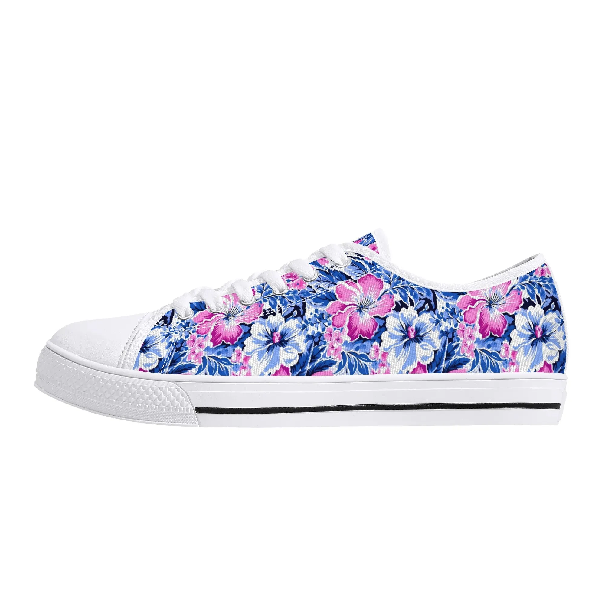 Bright Blooms: Pink and Blue Watercolor Hibiscus in Vivid Splendor Womens Low Top Canvas Sneakers US5.5 - US12