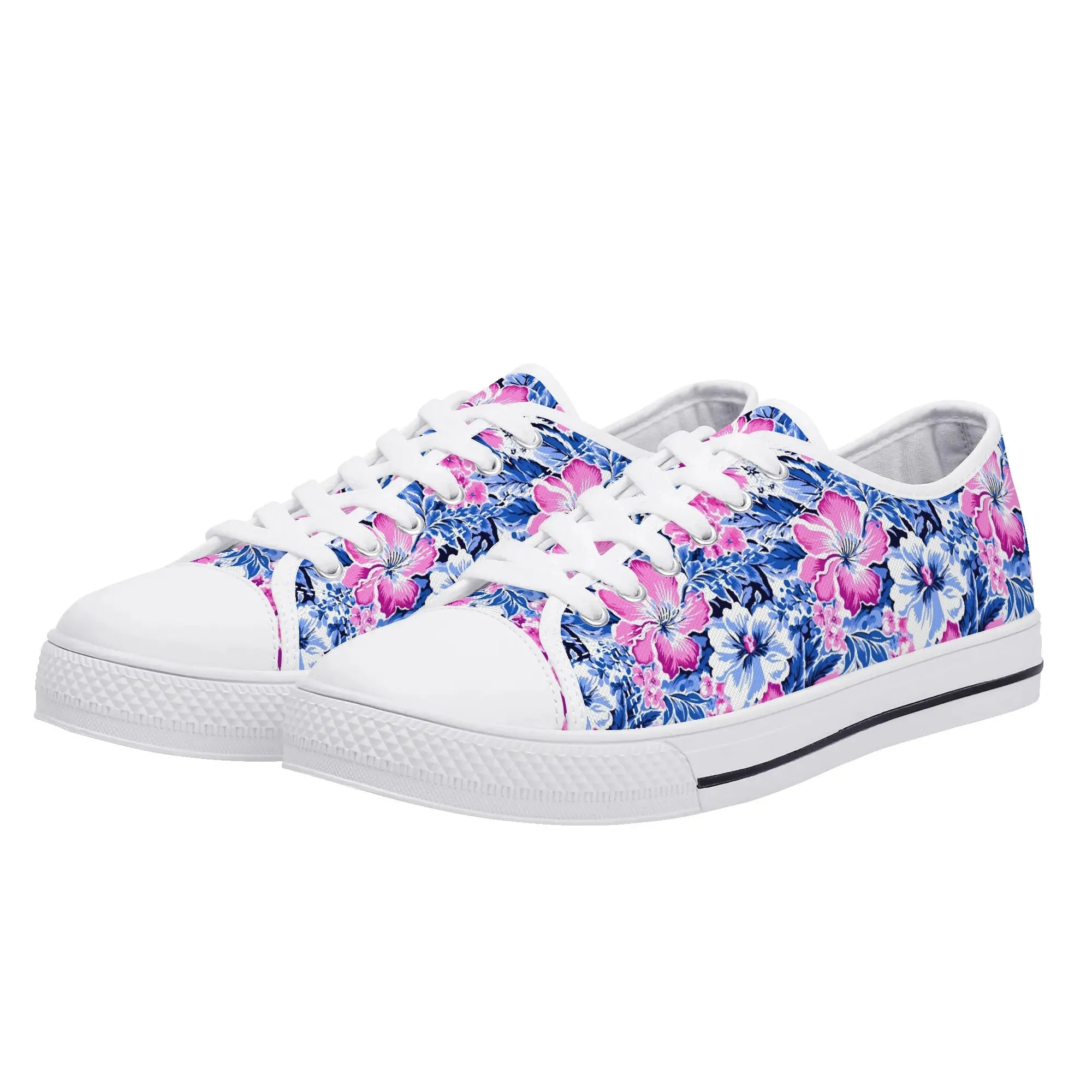 Bright Blooms: Pink and Blue Watercolor Hibiscus in Vivid Splendor Womens Low Top Canvas Sneakers US5.5 - US12