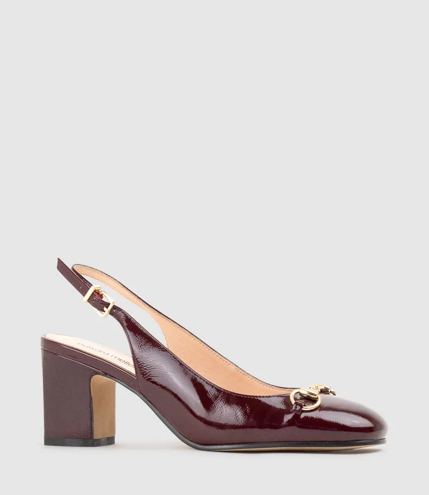 CAMILLE65 Slingback Pump with Trim in Black Cherry Crinkle Patent