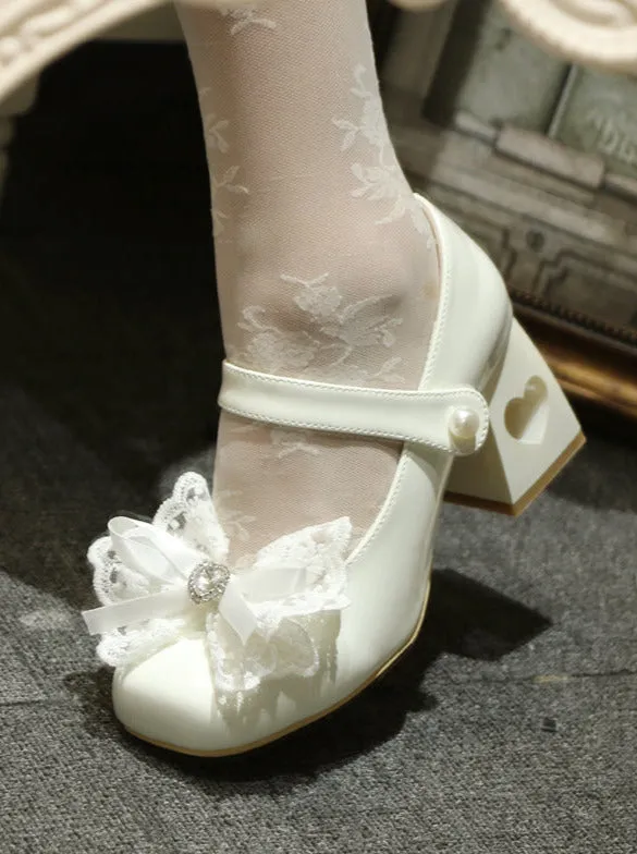 Elegant French Square Lace Ribbon Shoes Heel Toe Lolita Love