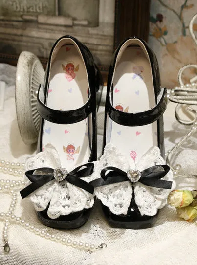 Elegant French Square Lace Ribbon Shoes Heel Toe Lolita Love
