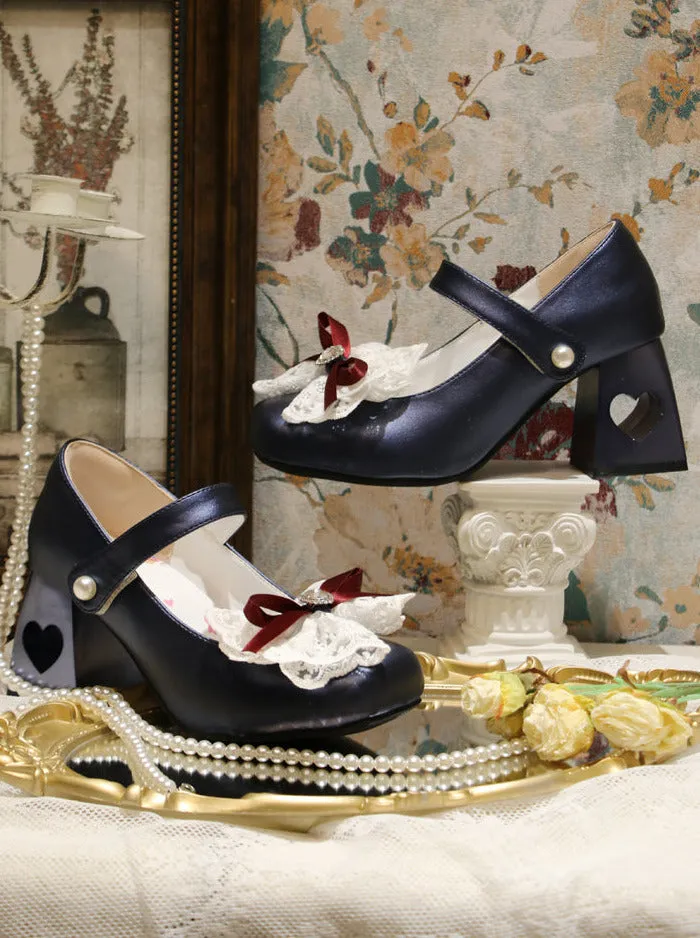 Elegant French Square Lace Ribbon Shoes Heel Toe Lolita Love