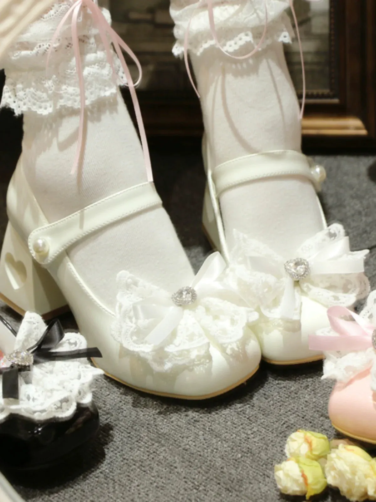 Elegant French Square Lace Ribbon Shoes Heel Toe Lolita Love