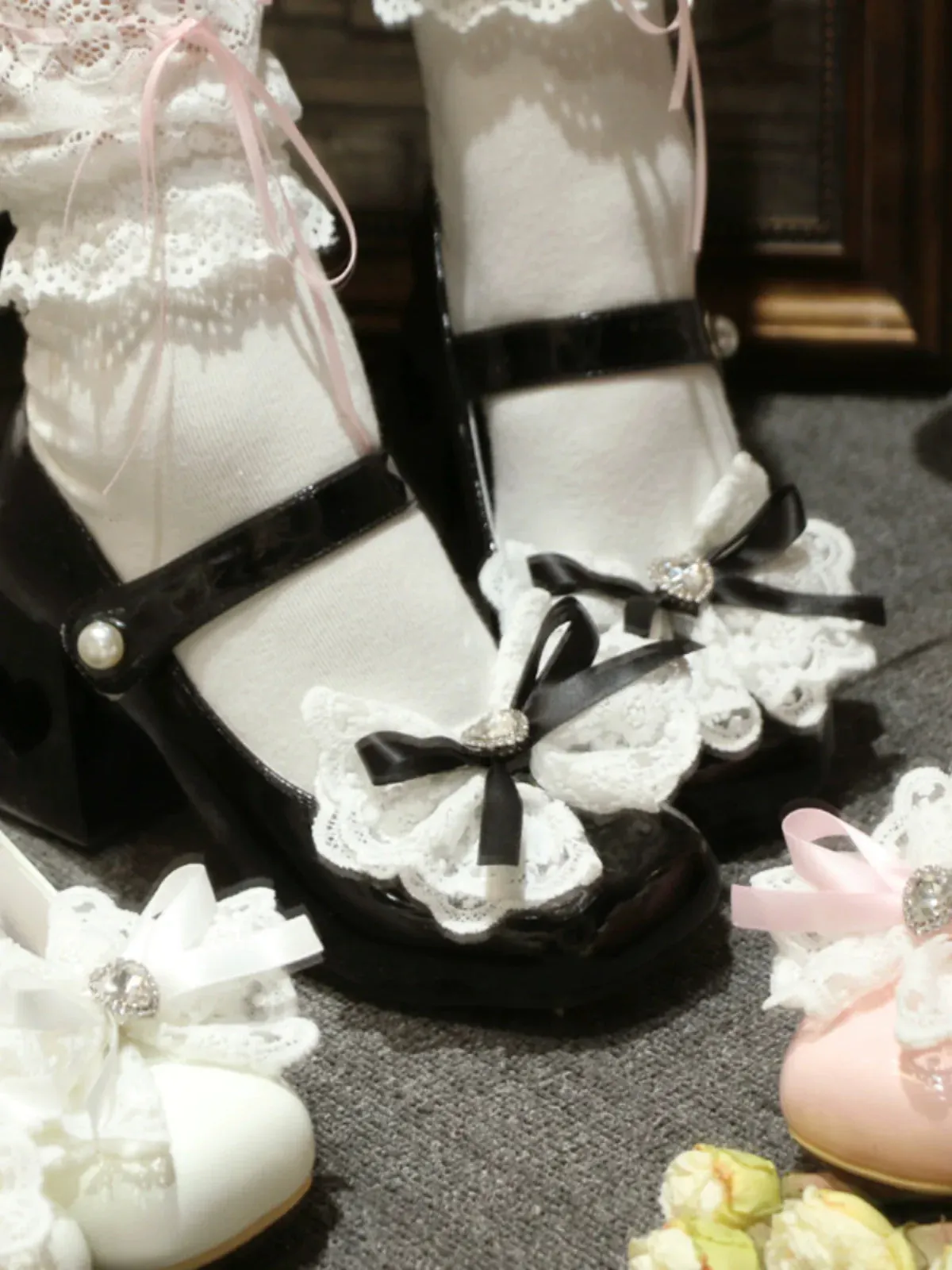 Elegant French Square Lace Ribbon Shoes Heel Toe Lolita Love