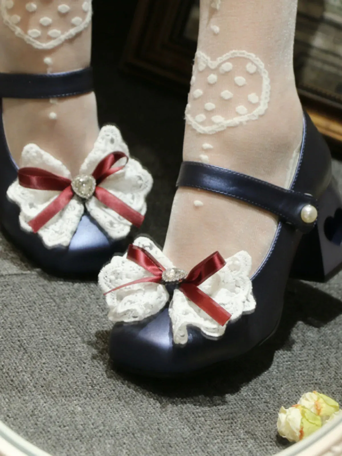 Elegant French Square Lace Ribbon Shoes Heel Toe Lolita Love
