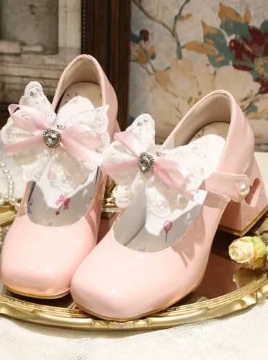 Elegant French Square Lace Ribbon Shoes Heel Toe Lolita Love