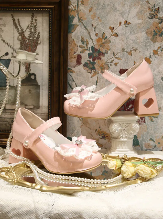Elegant French Square Lace Ribbon Shoes Heel Toe Lolita Love