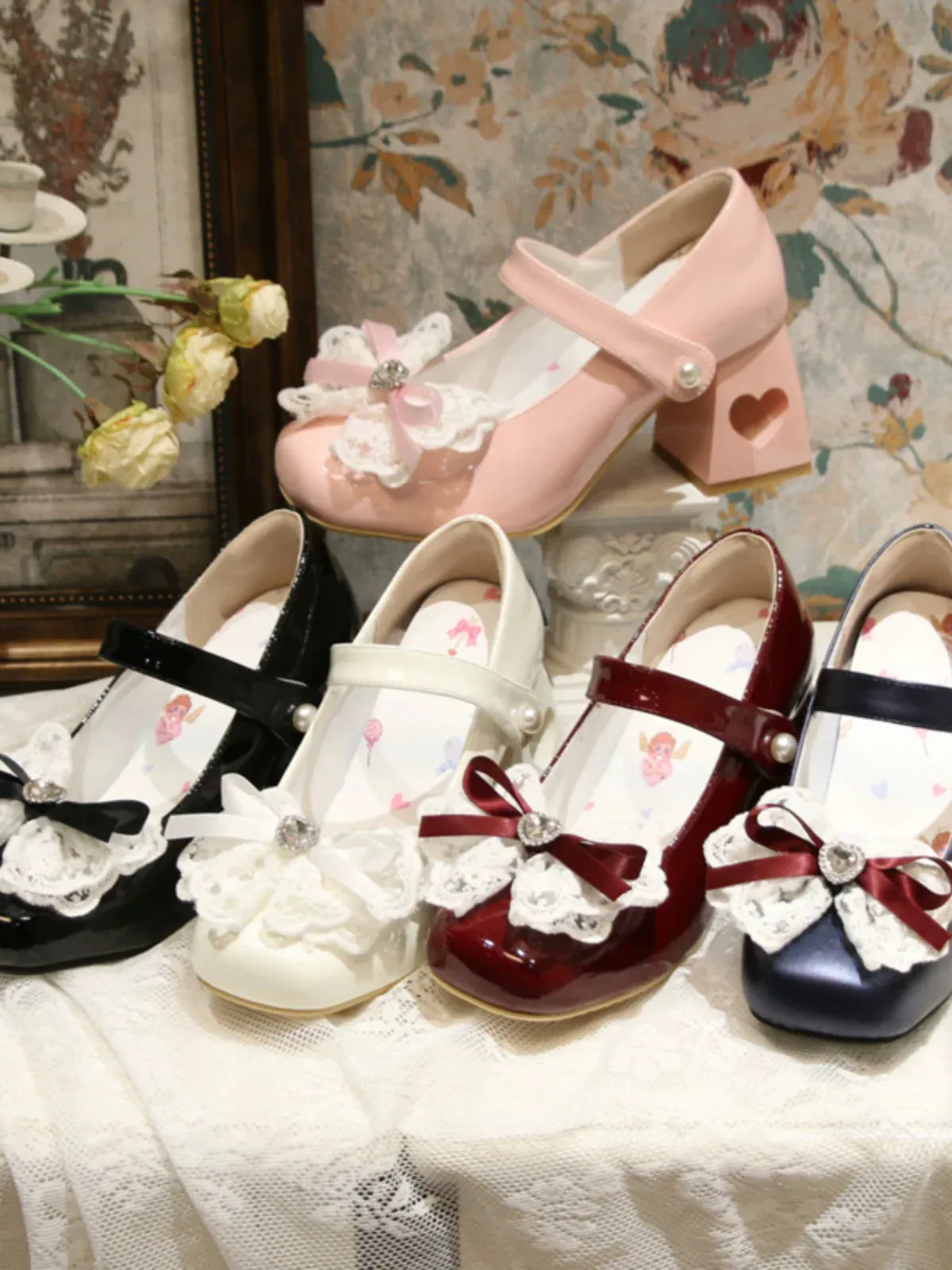Elegant French Square Lace Ribbon Shoes Heel Toe Lolita Love