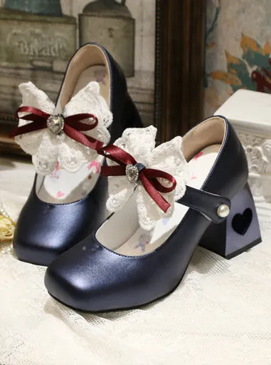 Elegant French Square Lace Ribbon Shoes Heel Toe Lolita Love