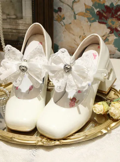 Elegant French Square Lace Ribbon Shoes Heel Toe Lolita Love