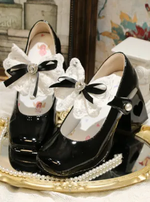 Elegant French Square Lace Ribbon Shoes Heel Toe Lolita Love