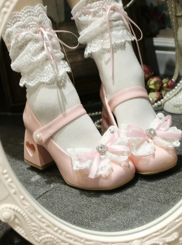Elegant French Square Lace Ribbon Shoes Heel Toe Lolita Love