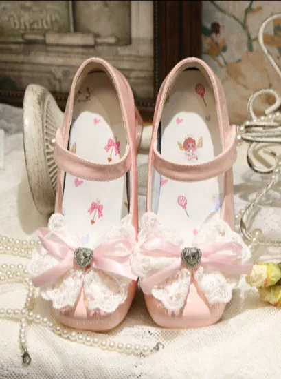 Elegant French Square Lace Ribbon Shoes Heel Toe Lolita Love