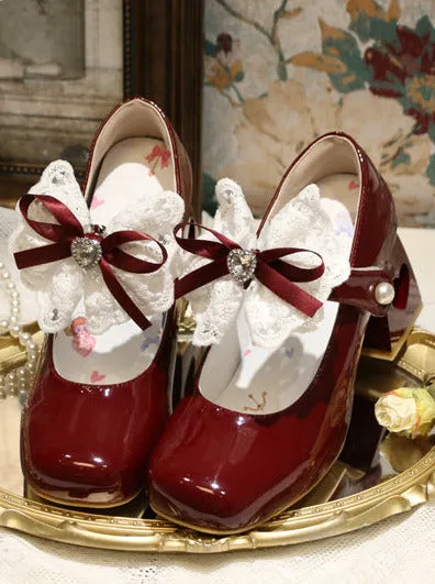 Elegant French Square Lace Ribbon Shoes Heel Toe Lolita Love