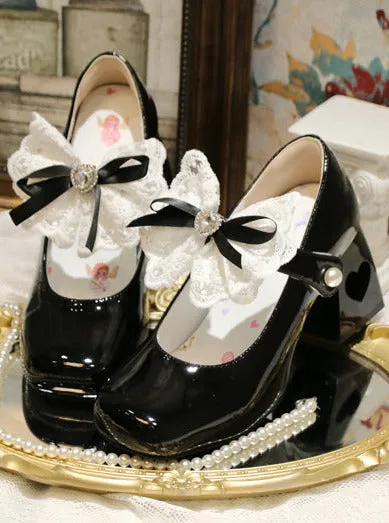 Elegant French Square Lace Ribbon Shoes Heel Toe Lolita Love