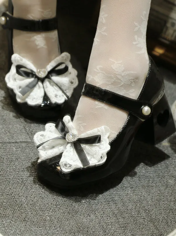 Elegant French Square Lace Ribbon Shoes Heel Toe Lolita Love