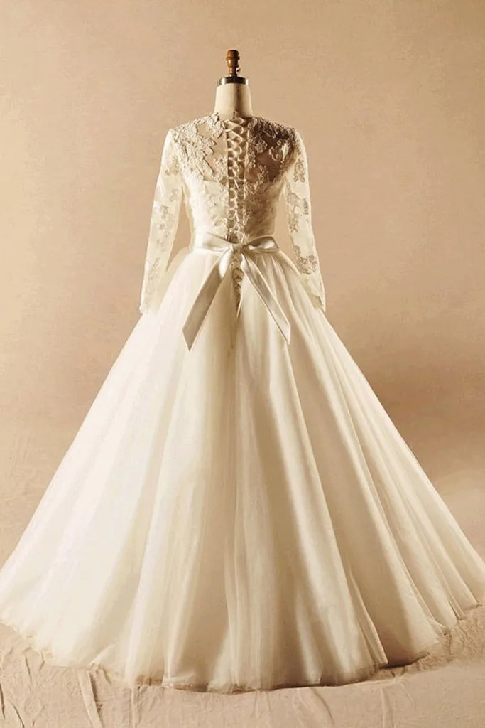 Modest Long Sleeves Ball Gown Big Lace Wedding Dresses PFW0300