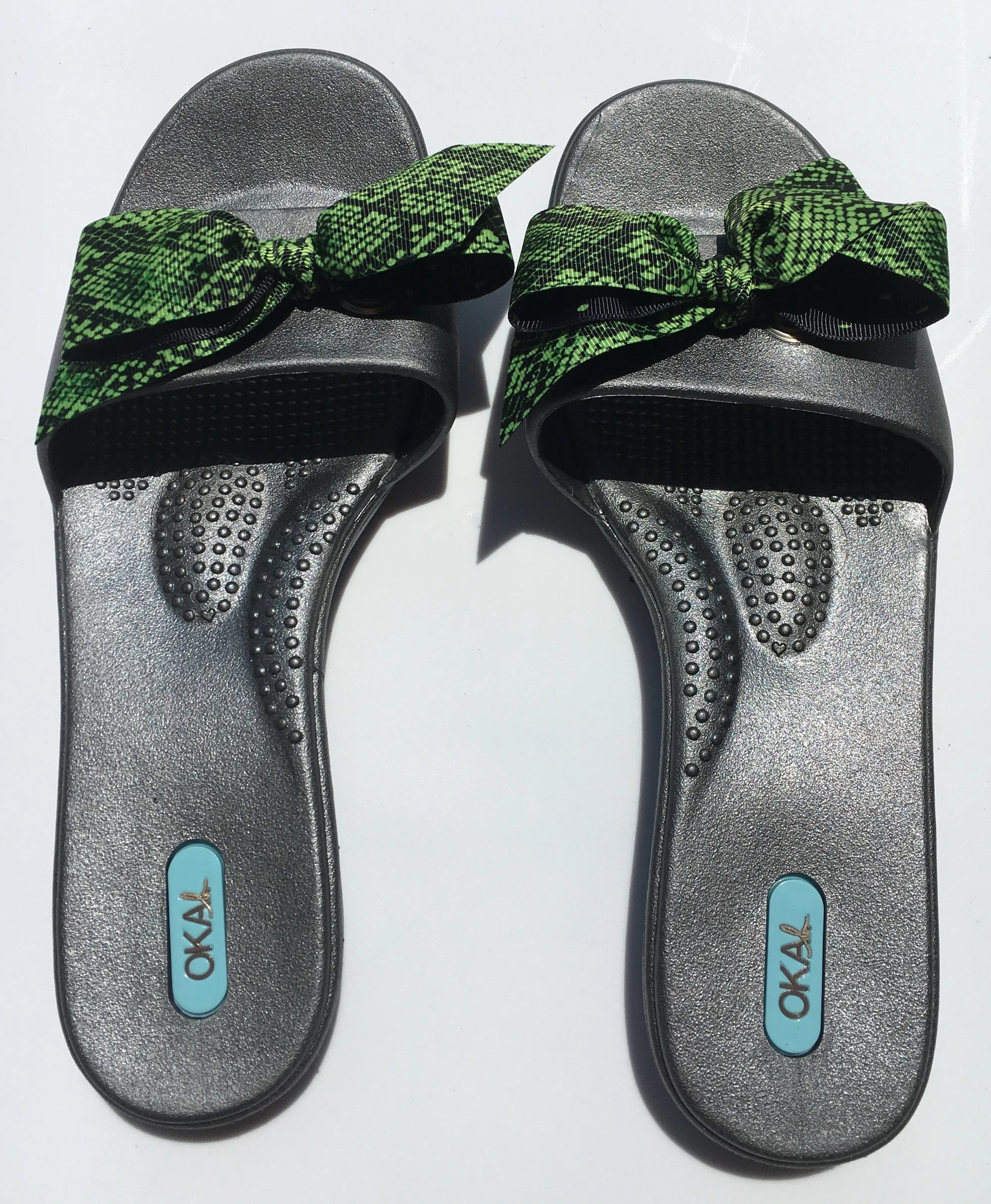Oka-B Madison Twilight Metallic Gray/Green Snakeskin Ribbon Sandals Slide