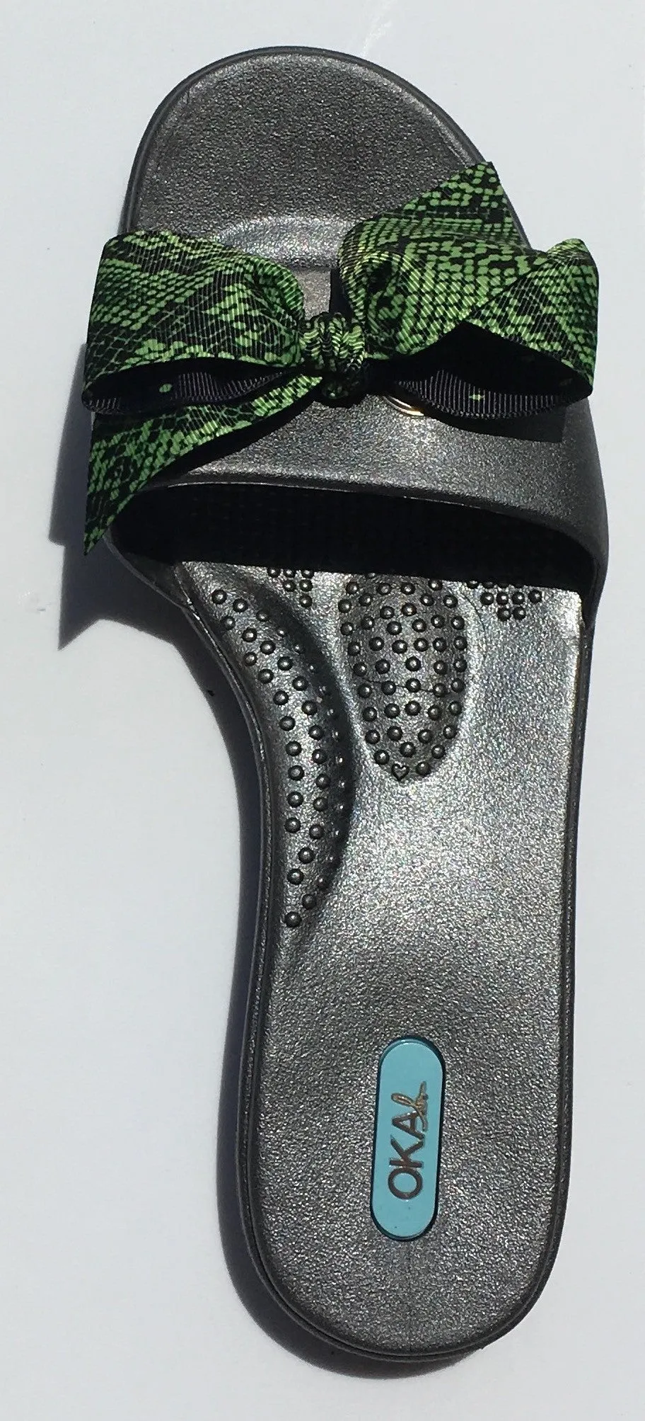 Oka-B Madison Twilight Metallic Gray/Green Snakeskin Ribbon Sandals Slide