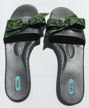 Oka-B Madison Twilight Metallic Gray/Green Snakeskin Ribbon Sandals Slide