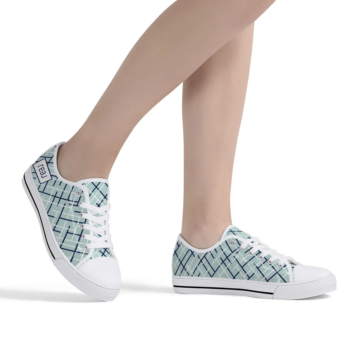 Real White Logo on Aqua with Abstract Line Design Canvas Sneakers
