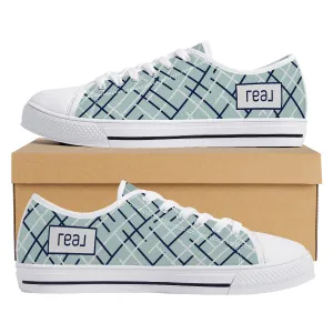 Real White Logo on Aqua with Abstract Line Design Canvas Sneakers