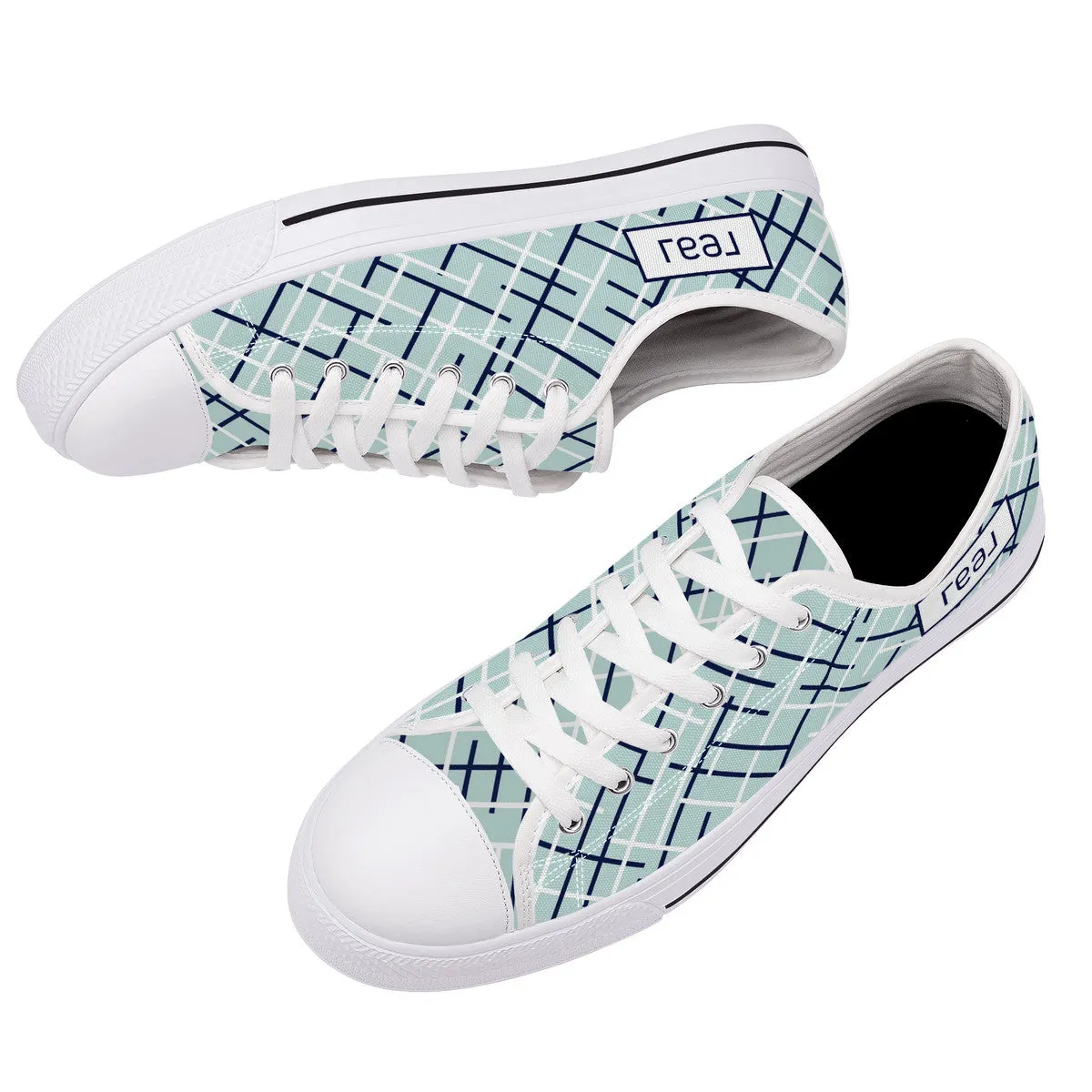 Real White Logo on Aqua with Abstract Line Design Canvas Sneakers
