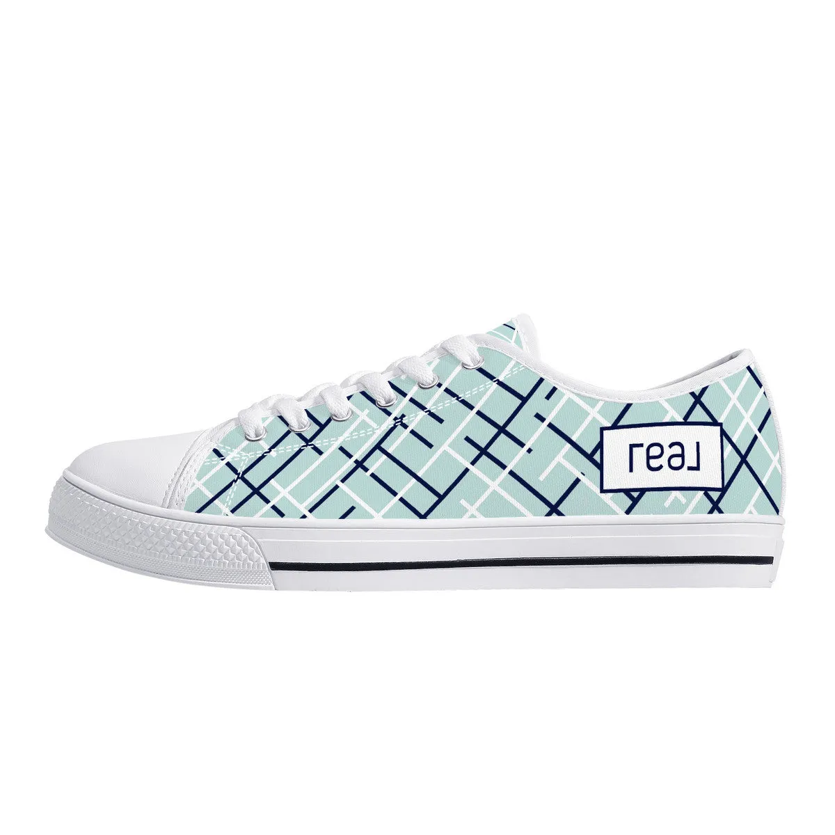 Real White Logo on Aqua with Abstract Line Design Canvas Sneakers