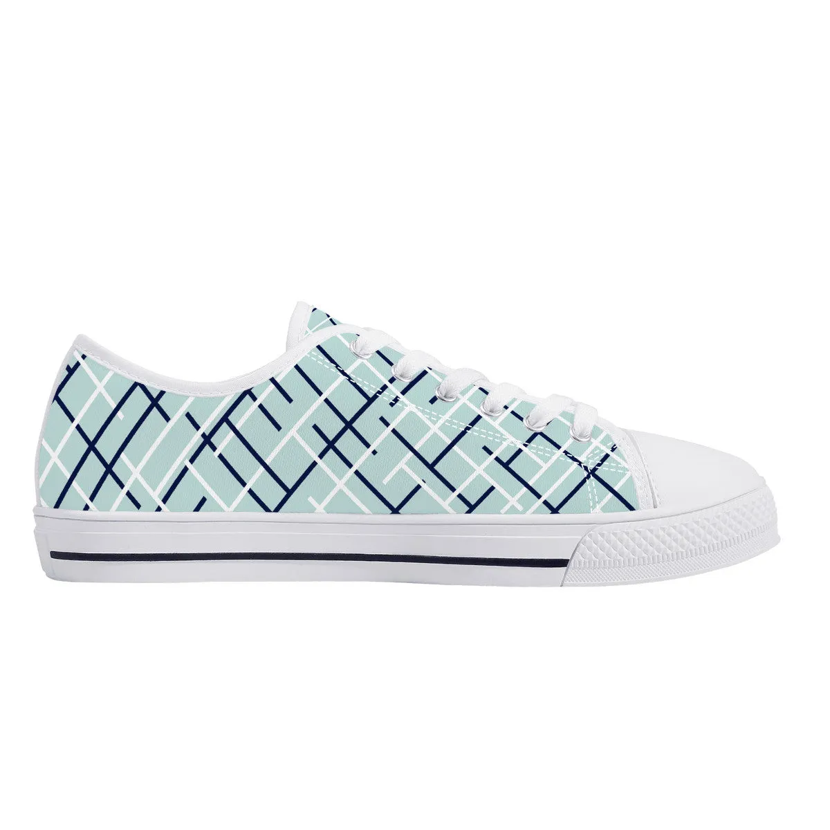 Real White Logo on Aqua with Abstract Line Design Canvas Sneakers