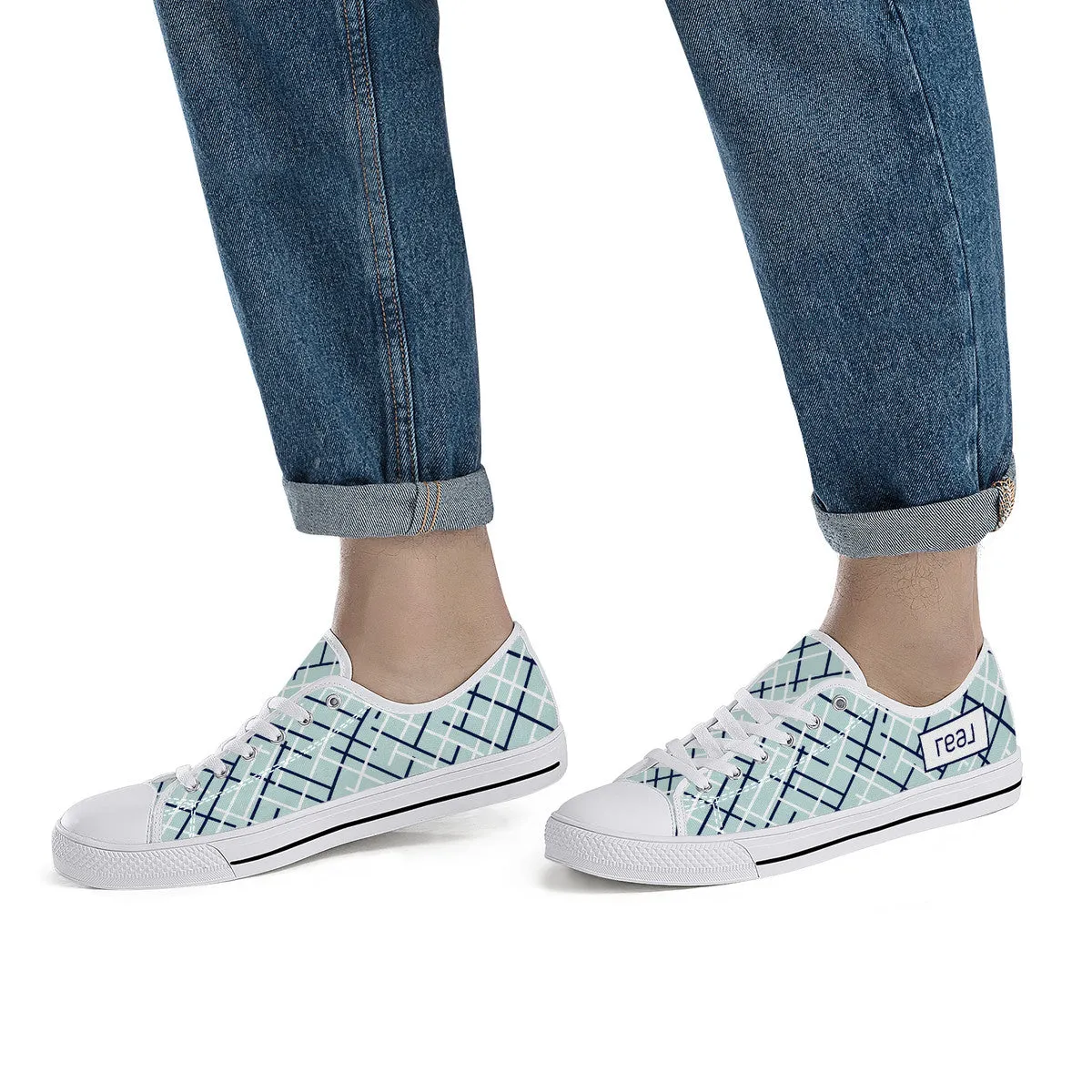 Real White Logo on Aqua with Abstract Line Design Canvas Sneakers