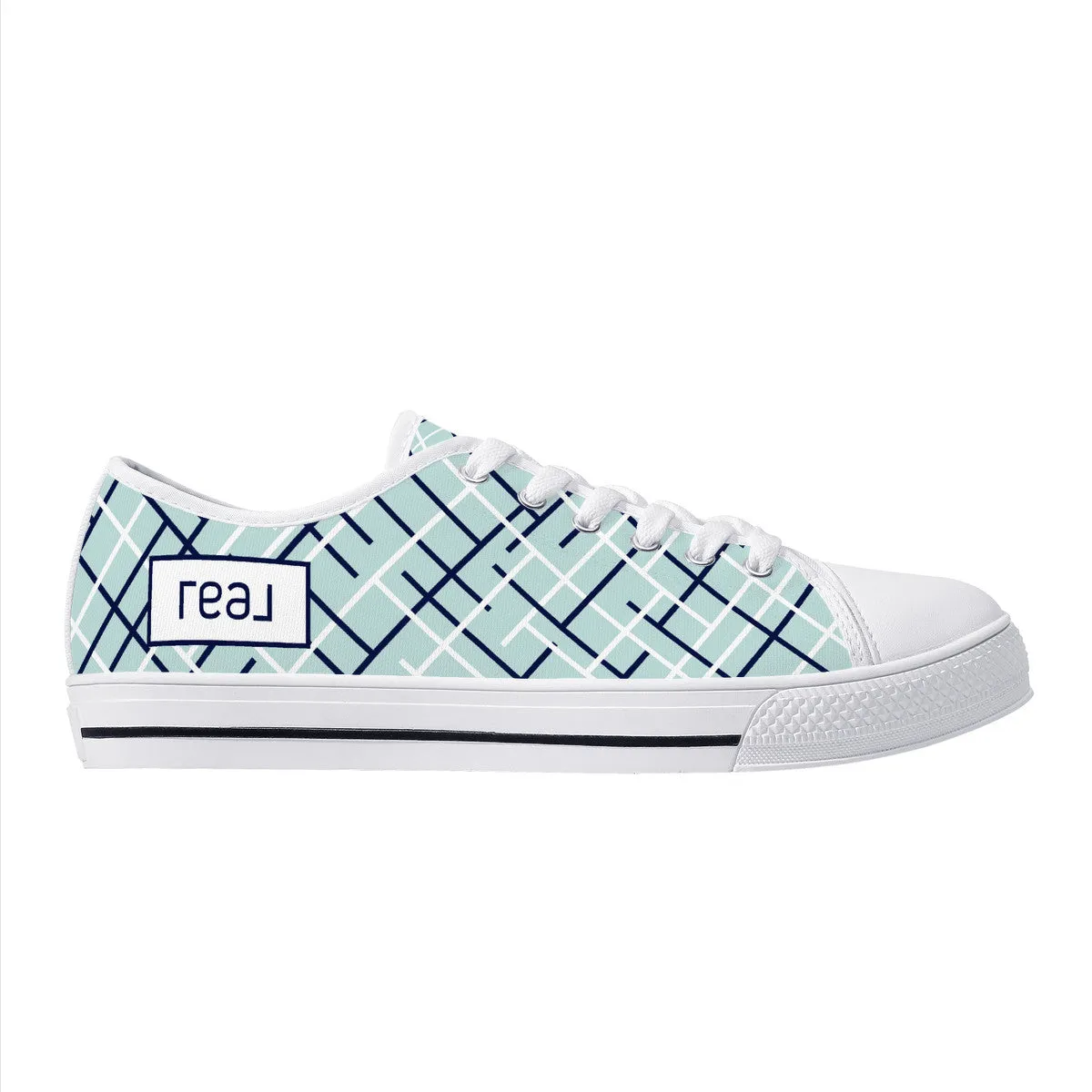 Real White Logo on Aqua with Abstract Line Design Canvas Sneakers