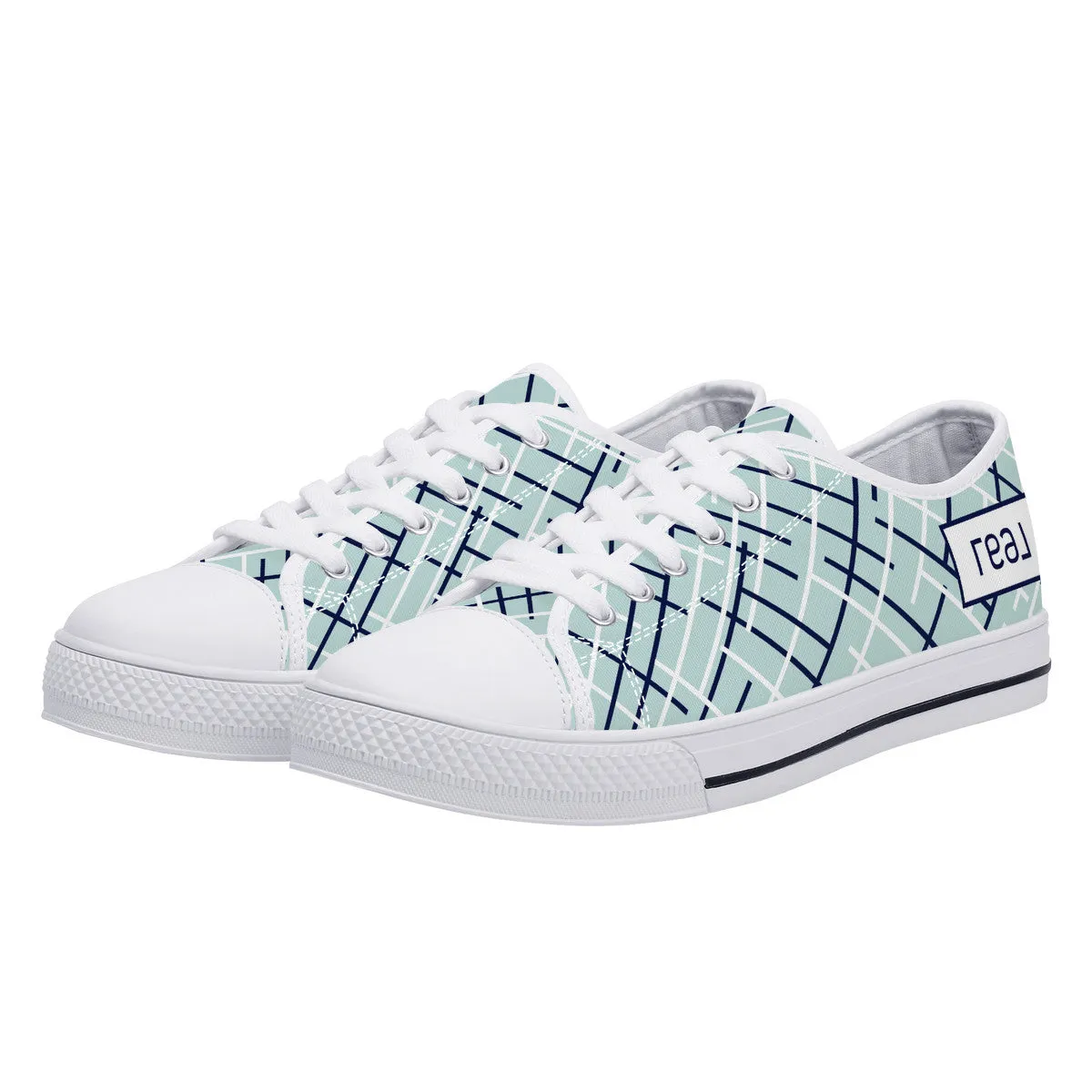 Real White Logo on Aqua with Abstract Line Design Canvas Sneakers