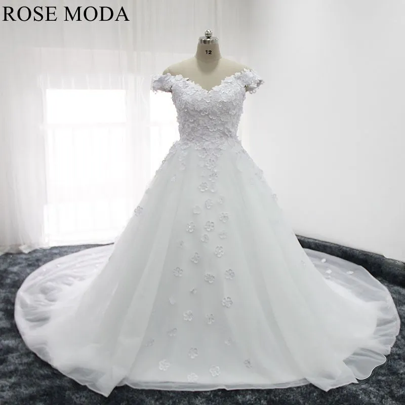 Rosemoda Off Shoulder 3D Lace Flower Ball Gown Wedding Dress