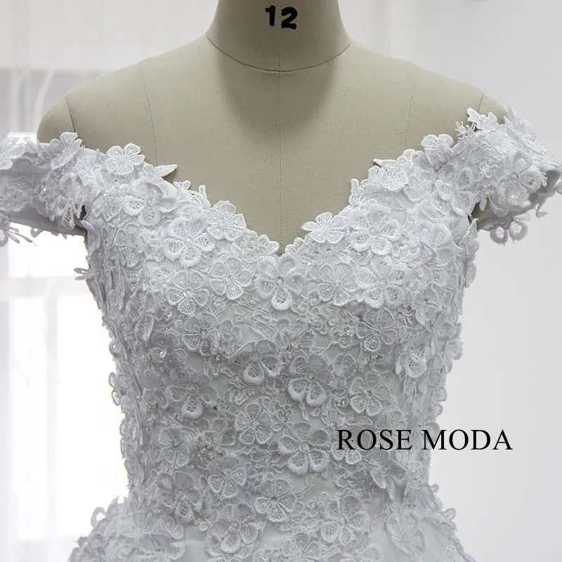 Rosemoda Off Shoulder 3D Lace Flower Ball Gown Wedding Dress