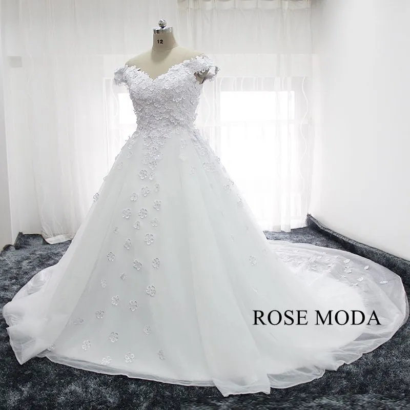 Rosemoda Off Shoulder 3D Lace Flower Ball Gown Wedding Dress