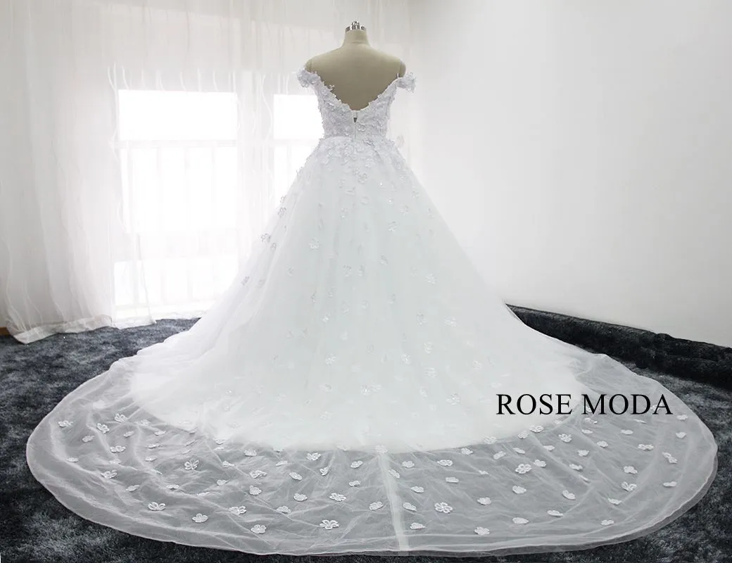 Rosemoda Off Shoulder 3D Lace Flower Ball Gown Wedding Dress