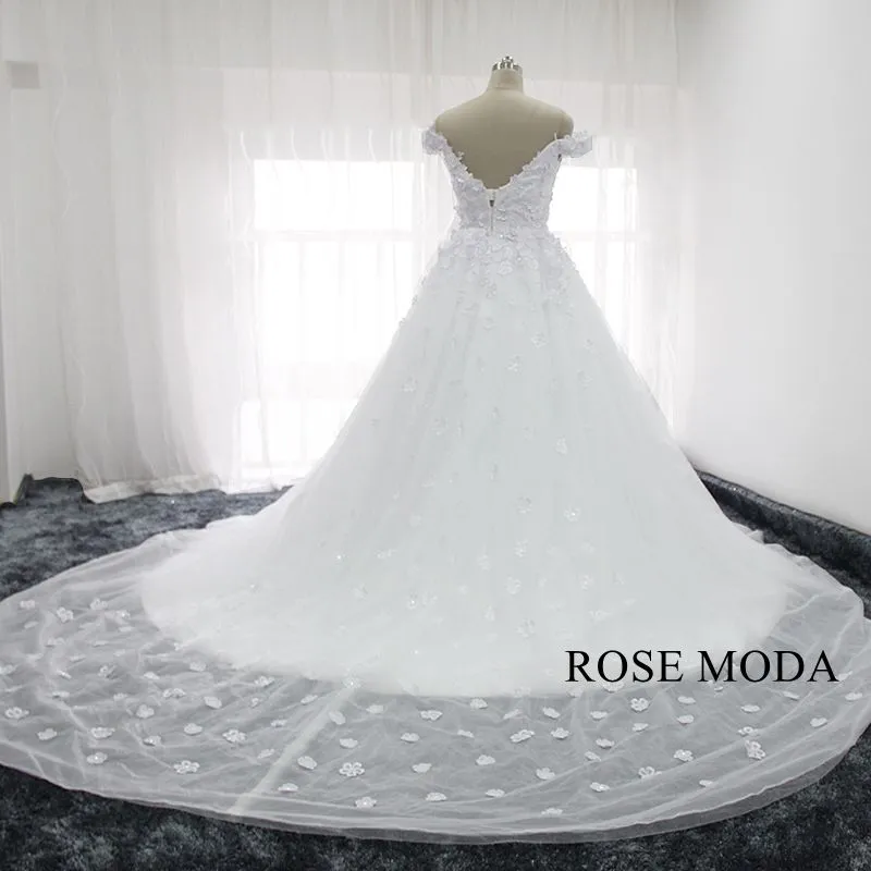 Rosemoda Off Shoulder 3D Lace Flower Ball Gown Wedding Dress