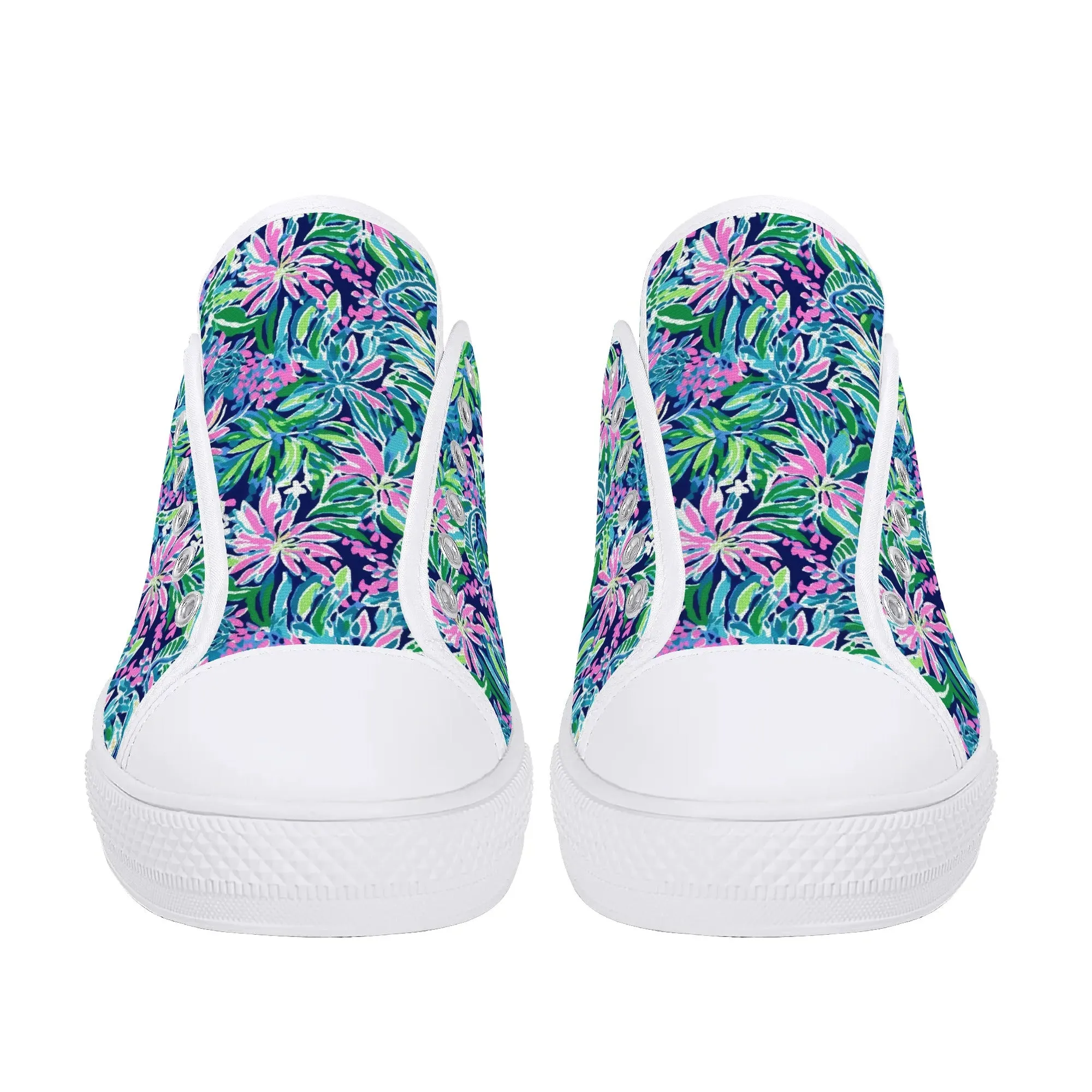 Seaside Blossoms: Coastal Spring Flowers in Pink, Green, and Navy Watercolors Womens Low Top Canvas Sneakers US5.5 - US12
